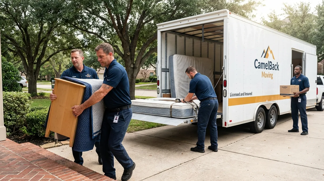 Crew loading residential truck for cross-state move from Minnetonka, MN