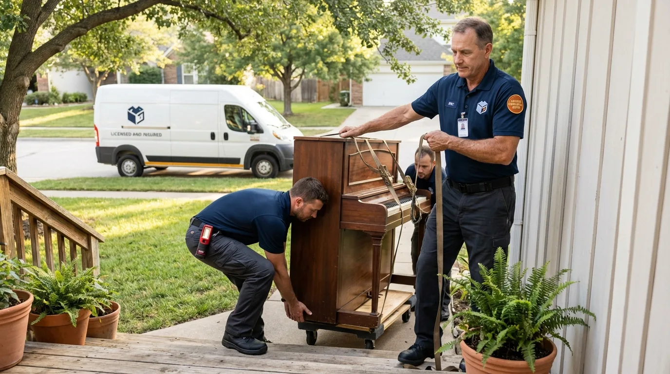 Licensed piano movers securing grand piano in Minnetonka, MN