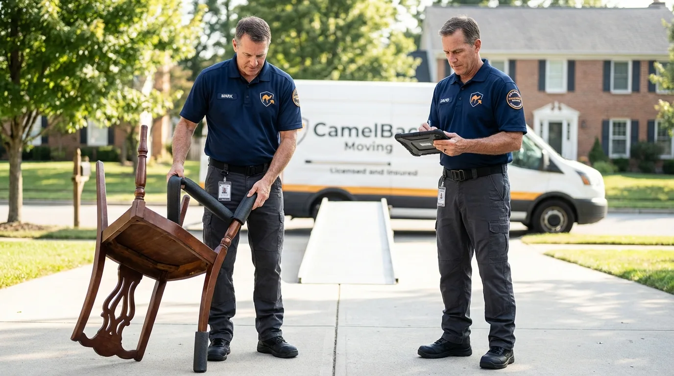 Movers inspecting furniture for damage prevention before loading in Minnetonka, MN